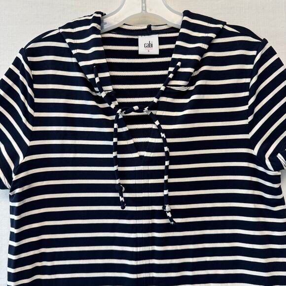 CABI Hooded Knee Length Dress Women's Size S Navy White Striped Coastal Beachy - Picture 3 of 11